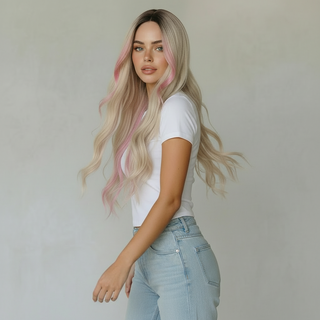 "Emily" - Long Blonde Wig with Pink Money Piece Highlights