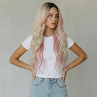 "Emily" - Long Blonde Wig with Pink Money Piece Highlights