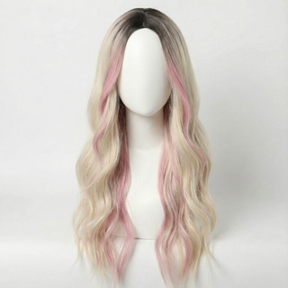 "Emily" - Long Blonde Wig with Pink Money Piece Highlights