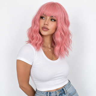"Rose" - Short Pink Wig with Bangs