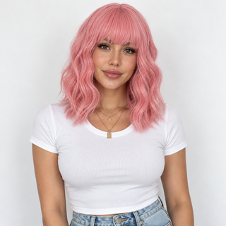 "Rose" - Short Pink Wig with Bangs