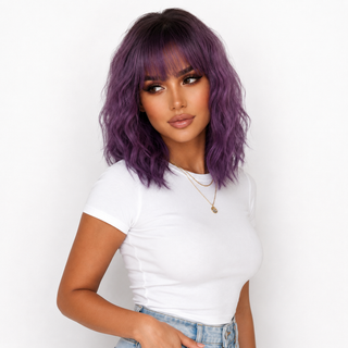 "Norah" -Short Purple Body Wave Wig with Bangs