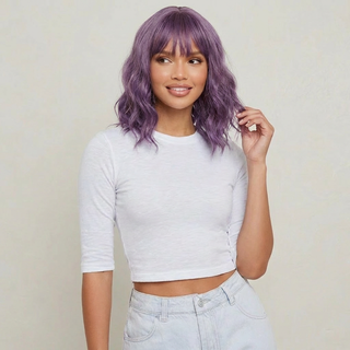 "Norah" -Short Purple Body Wave Wig with Bangs