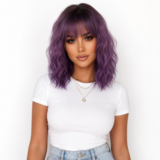 "Norah" -Short Purple Body Wave Wig with Bangs