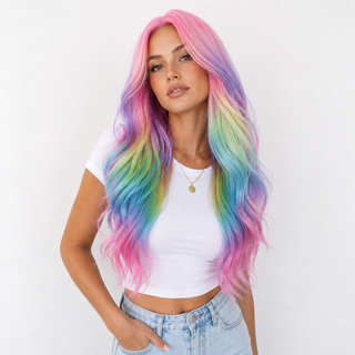 "Dream" - Long Wavy Neon Rainbow Wig
