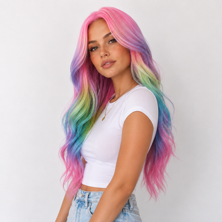 "Dream" - Long Wavy Neon Rainbow Wig