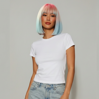 "Starlette" - Short Pink Blue Ombre Rainbow Wig with Bangs