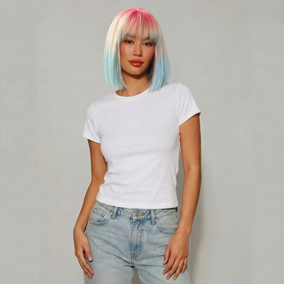 "Starlette" - Short Pink Blue Ombre Rainbow Wig with Bangs