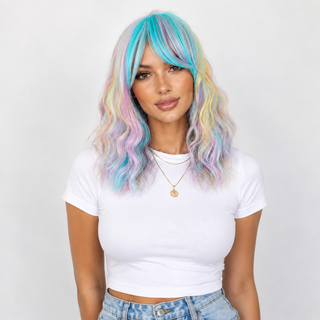 "Cassandra" - Pastel Rainbow Bodywave Wig with Bangs