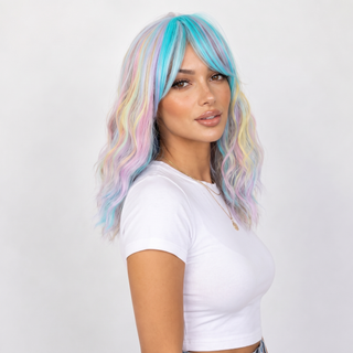 "Cassandra" - Pastel Rainbow Bodywave Wig with Bangs