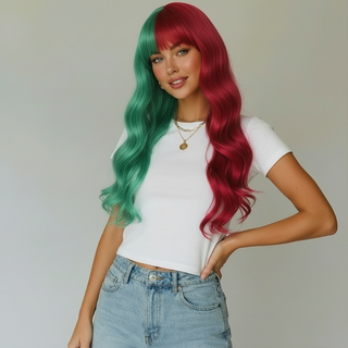 "Christmas" - Long Two Tone Red Green Wig With Bangs