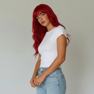 "Ruby" - Vibrant Red Body Wave Wig with Bangs