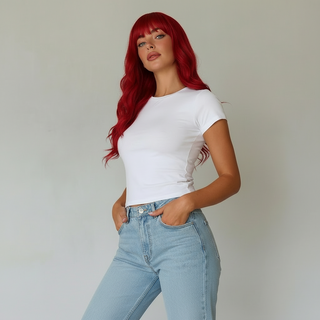 "Ruby" - Vibrant Red Body Wave Wig with Bangs