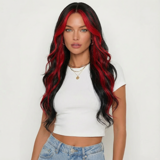 "Maria" - Long Black Wig with Red Highlights