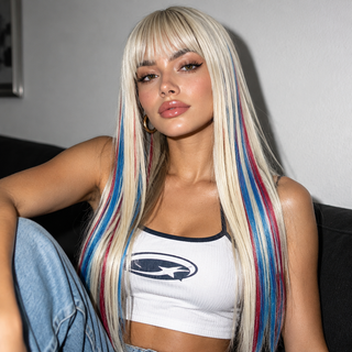 "Rocket" - Red Blue Tinsel Wig with Bangs