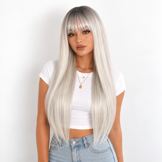 "Natalie" - Long Silver White Wig with Bangs