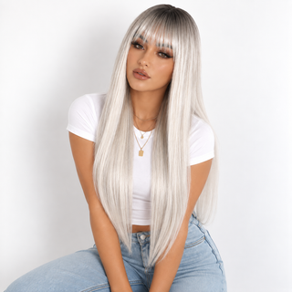 "Natalie" - Long Silver White Wig with Bangs