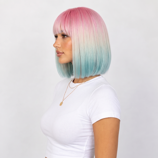 "Starlette" - Short Pink Blue Ombre Rainbow Wig with Bangs