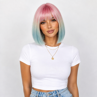 "Starlette" - Perruque Synthétique Courte Rose Bleu Ombre Arc-en-Ciel avec Frange