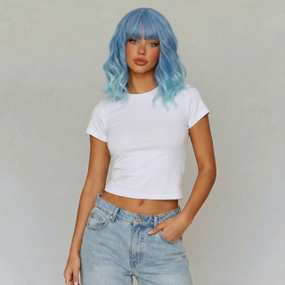 "Isla" - Short Ombre Blue Body Wave Wig with Bangs