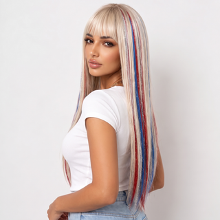 "Rocket" - Red Blue Tinsel Wig with Bangs