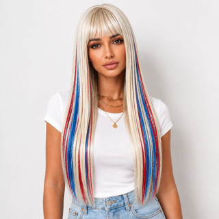 "Rocket" - Red Blue Tinsel Wig with Bangs