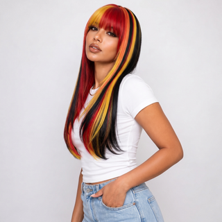 "Trinity - Long Red Black Yellow Wig with Bangs