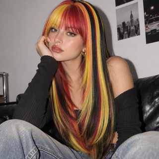 "Trinity - Long Red Black Yellow Wig with Bangs