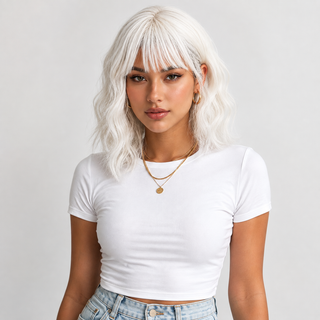 "Cleo" - Short White Body Wave Wig with Bangs