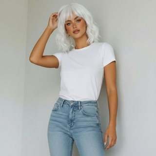 "Cleo" - Short White Body Wave Wig with Bangs