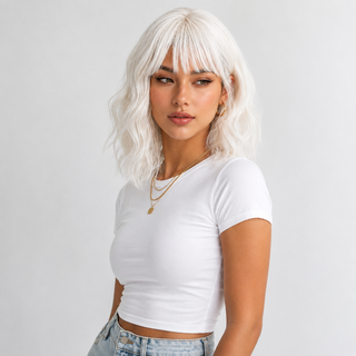 "Cleo" - Short White Body Wave Wig with Bangs