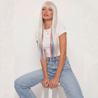 "Rocket" - Red Blue Tinsel Wig with Bangs