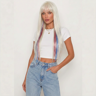 "Rocket" - Red Blue Tinsel Wig with Bangs