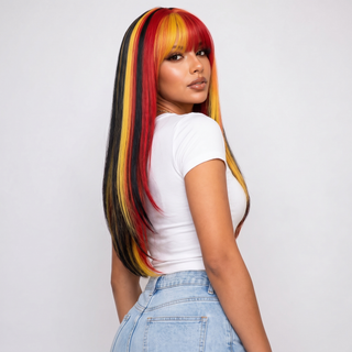 "Trinity - Long Red Black Yellow Wig with Bangs