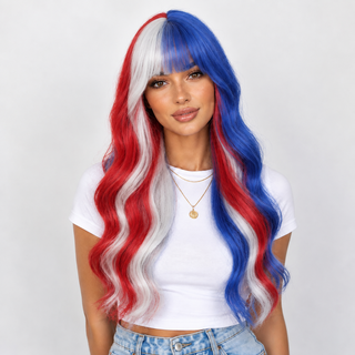 "Liberty" - Long Red White Blue Wig with Bangs