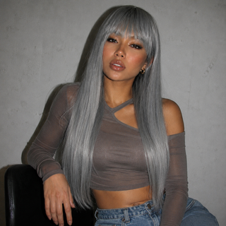 "Winny" - Long Straight Grey Silver Wig with Bangs