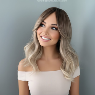 "Harlow" - Rooted Ash Light Brown Wig with Bangs