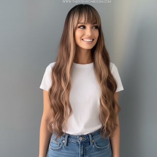 "Carmen" - Long Highlighted Brown Body Wave Wig with Bangs
