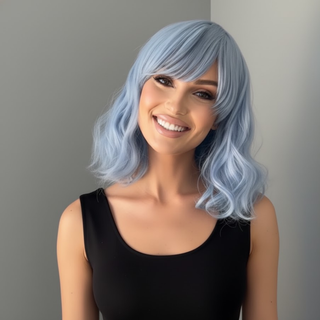 "Faye" - Short Pastel Blue Body Wave Wig with Bangs