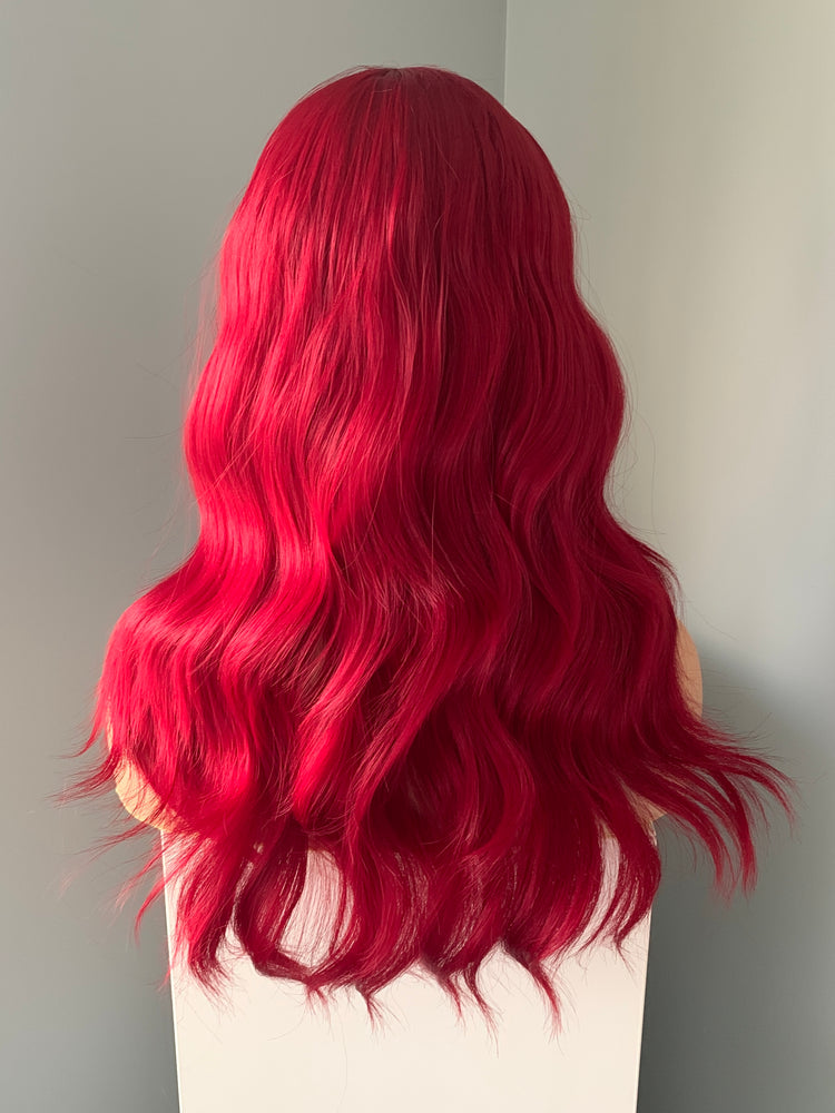 "Ruby" - Vibrant Red Synthetic Body Wave Wig with Bangs