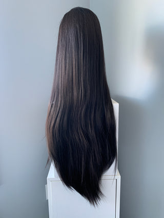 "Kim" - Perruque longue noire soyeuse droite avec dentelle partielle