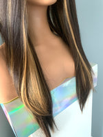 "Kat" - Straight Brown Synthetic Lace Front Wig with Blonde Highlights