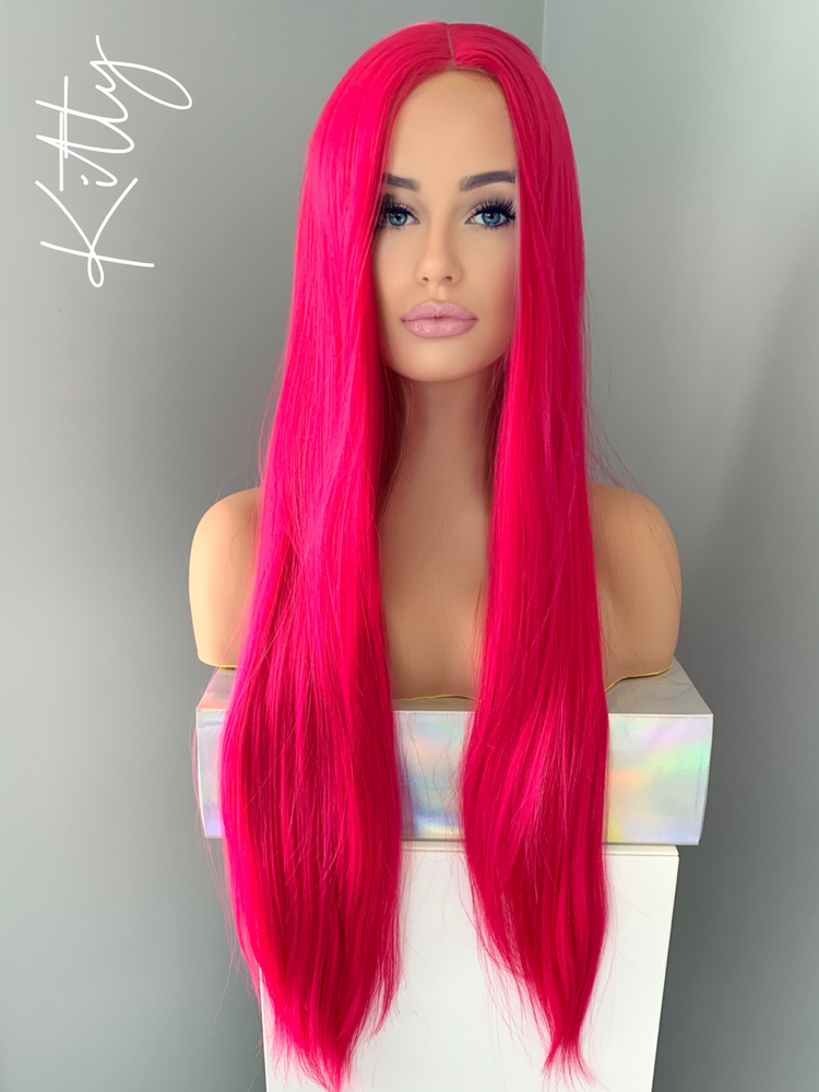 "Kitty" - Long Neon Pink Silky Straight Partial Lace Front Wig