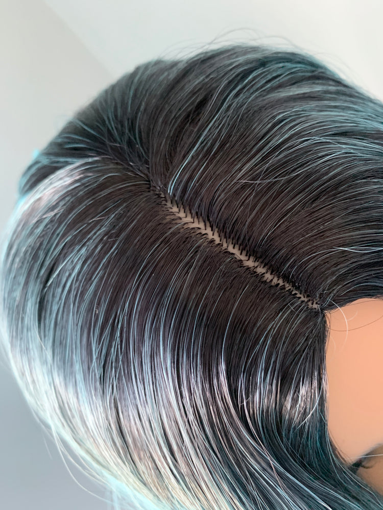 "Skye" Neon Blue Short Straight Synthetic Wig with Dark Roots