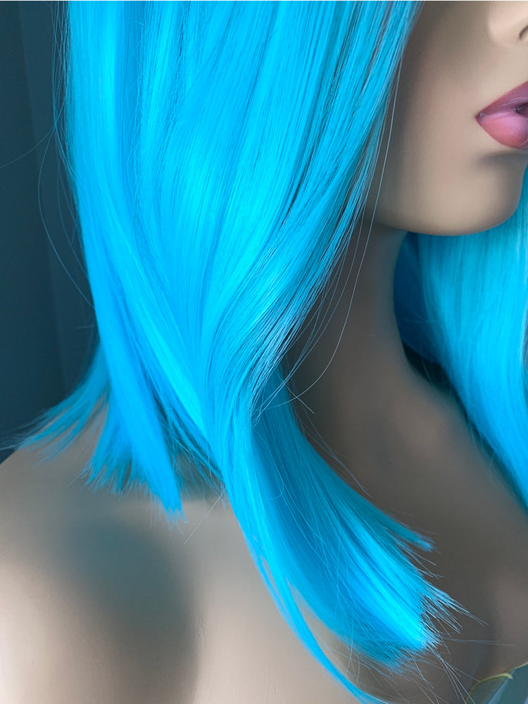 "Skye" Neon Blue Short Straight Synthetic Wig with Dark Roots