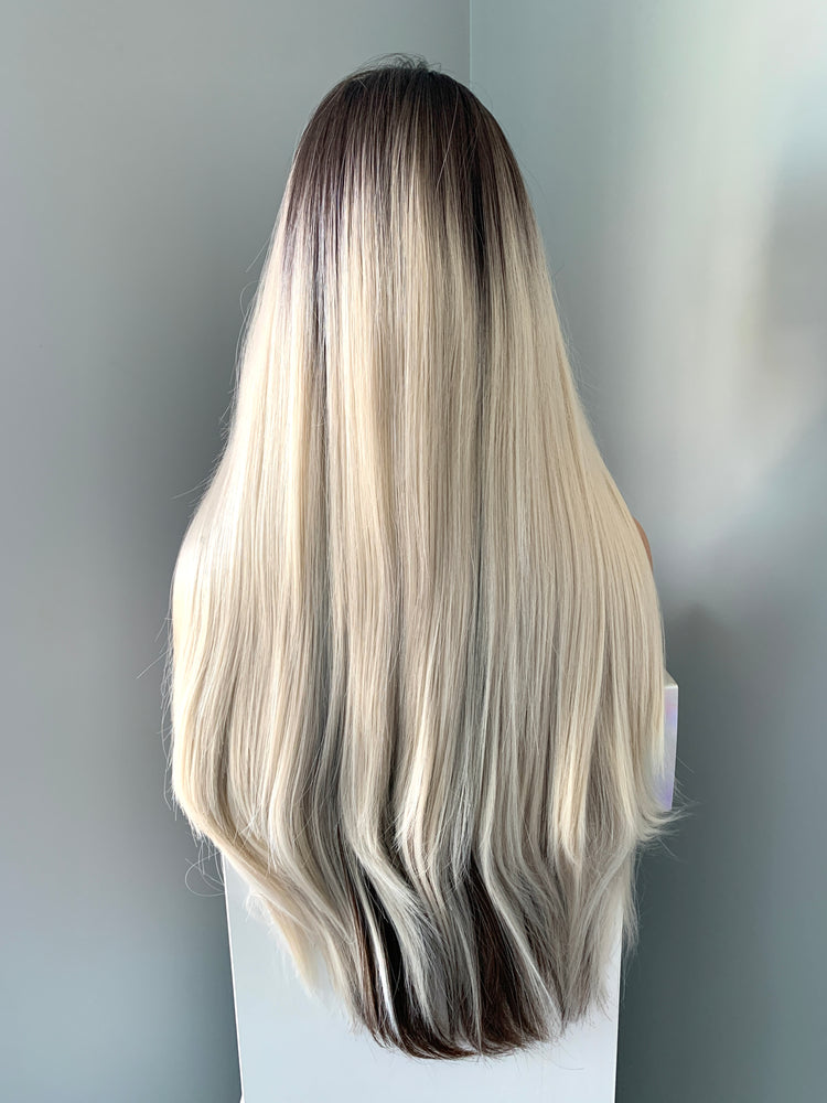 "Tana" - Silky Straight Long Blonde Lace Front Synthetic Wig with Brown Low lights