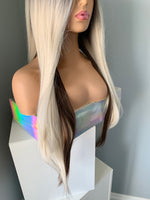 "Tana" - Silky Straight Long Blonde Lace Front Synthetic Wig with Brown Low lights