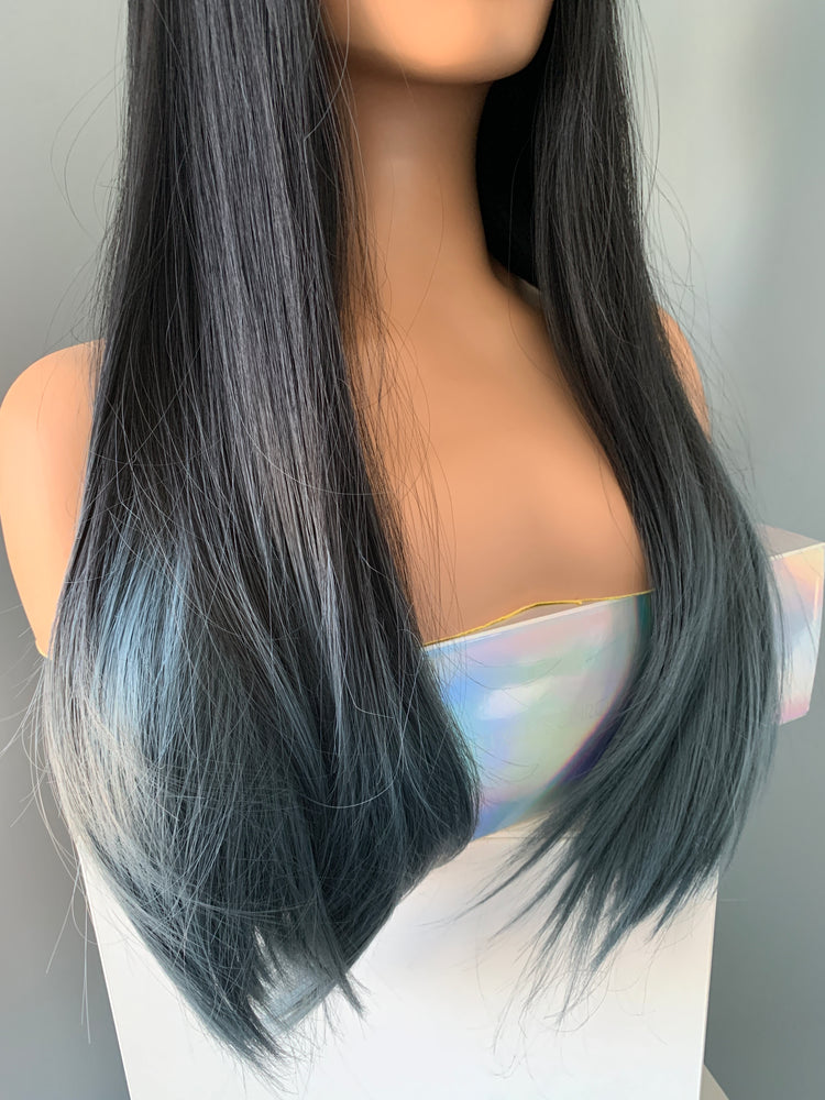 "Lana" - Long Straight Blue Synthetic Wig with Bangs and Dark Root