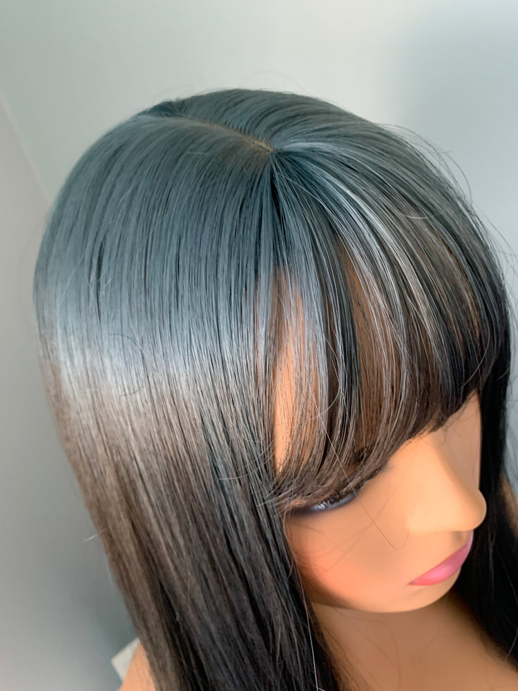 "Lana" - Long Straight Blue Synthetic Wig with Bangs and Dark Root