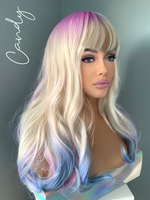 "Candy" - Long Wavy Blonde Rainbow Synthetic Wig with Bangs